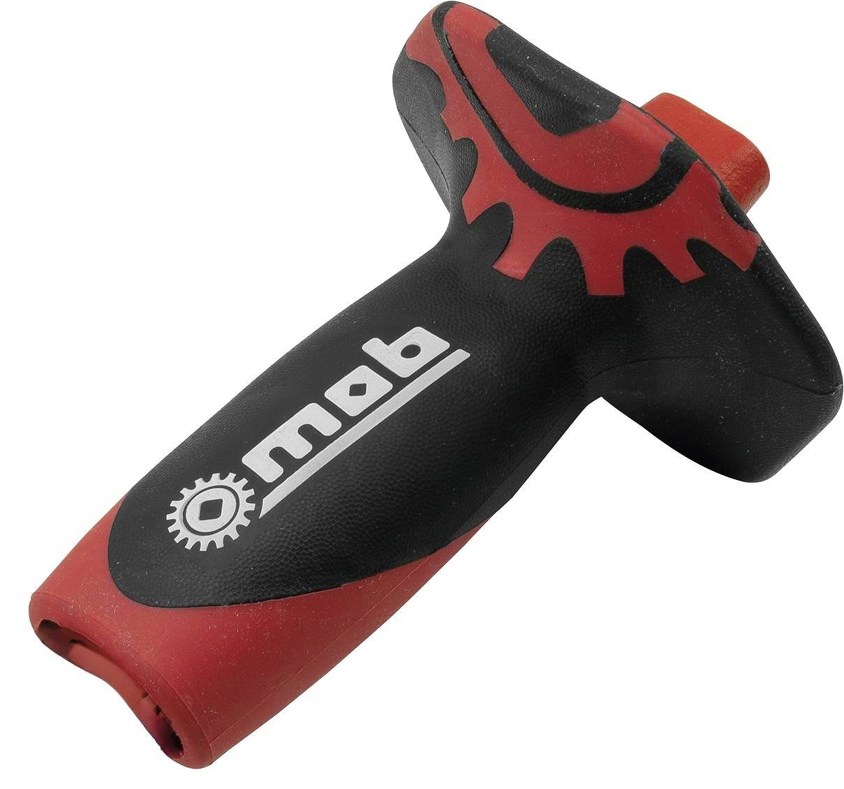 Čierny a červený grip do ruky na náradie s logom „mod", tvarovaný ako T-rukoväť na bielom pozadí.