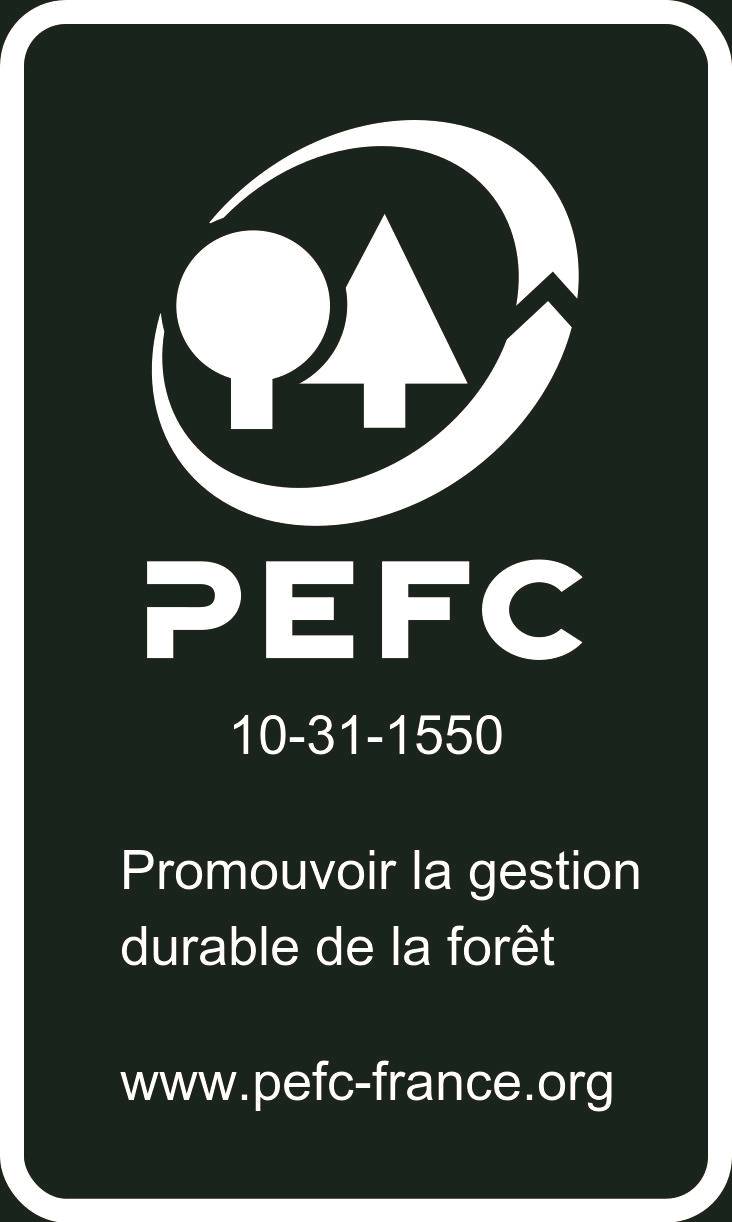 Certifikačný štítok PEFC s logom, certifikačným číslom 10-31-1550 a francúzskym textom propagujúcim udržateľné hospodárstvo v lesoch; www.pefc-france.org