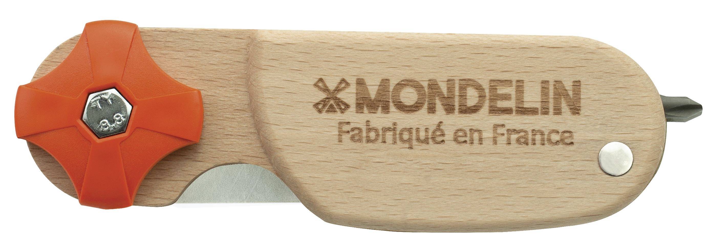 Drevený nástroj Mondelin s oranžovou hviezdičkovitou rukoväťou, kovovou čepeľou a strieborným nitom, označený „MONDELIN Fabriqué en France".