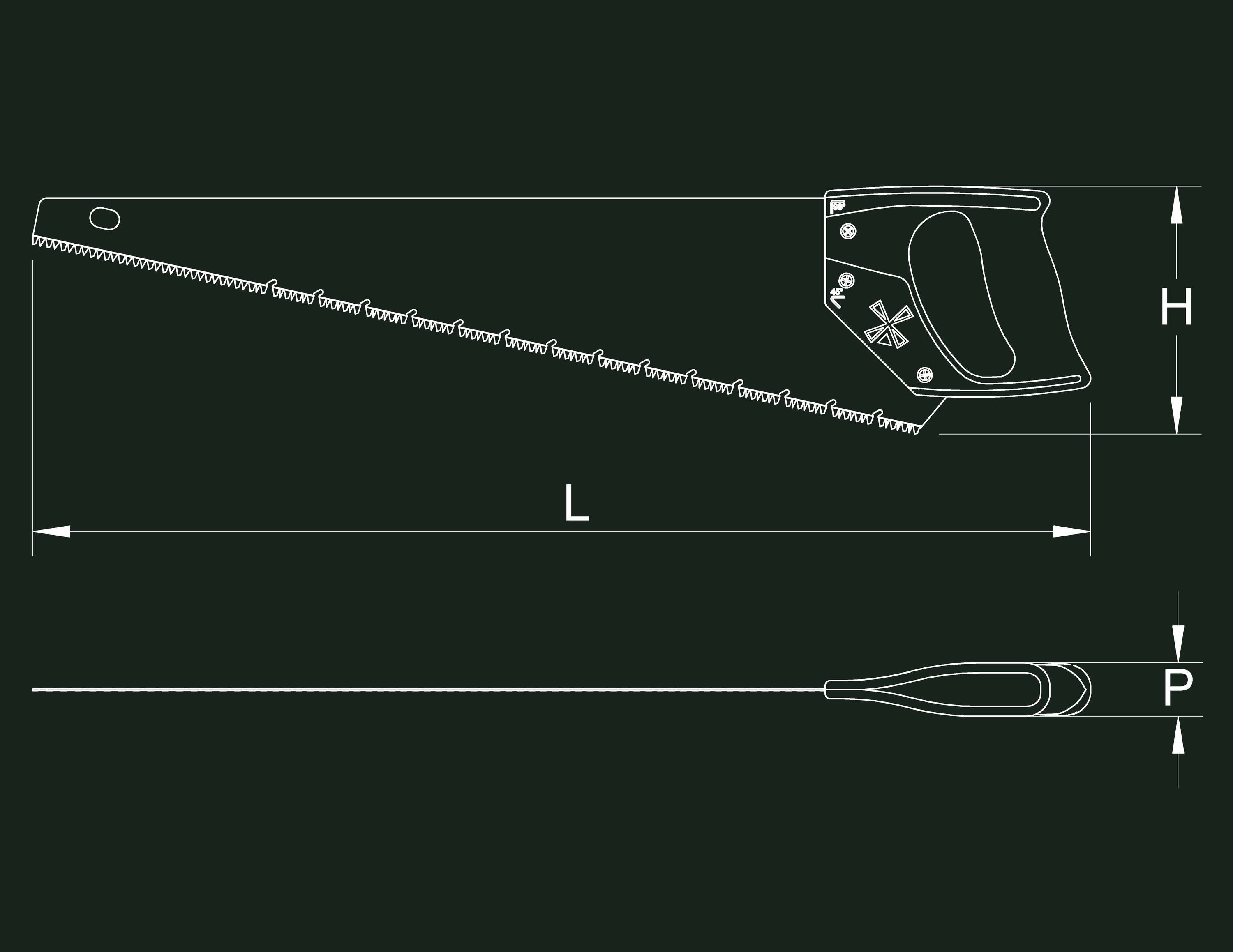 Diagram pílky na ruku zobrazujúci celkovú dĺžku L, výšku čepele H a hrúbku rukoväti P.