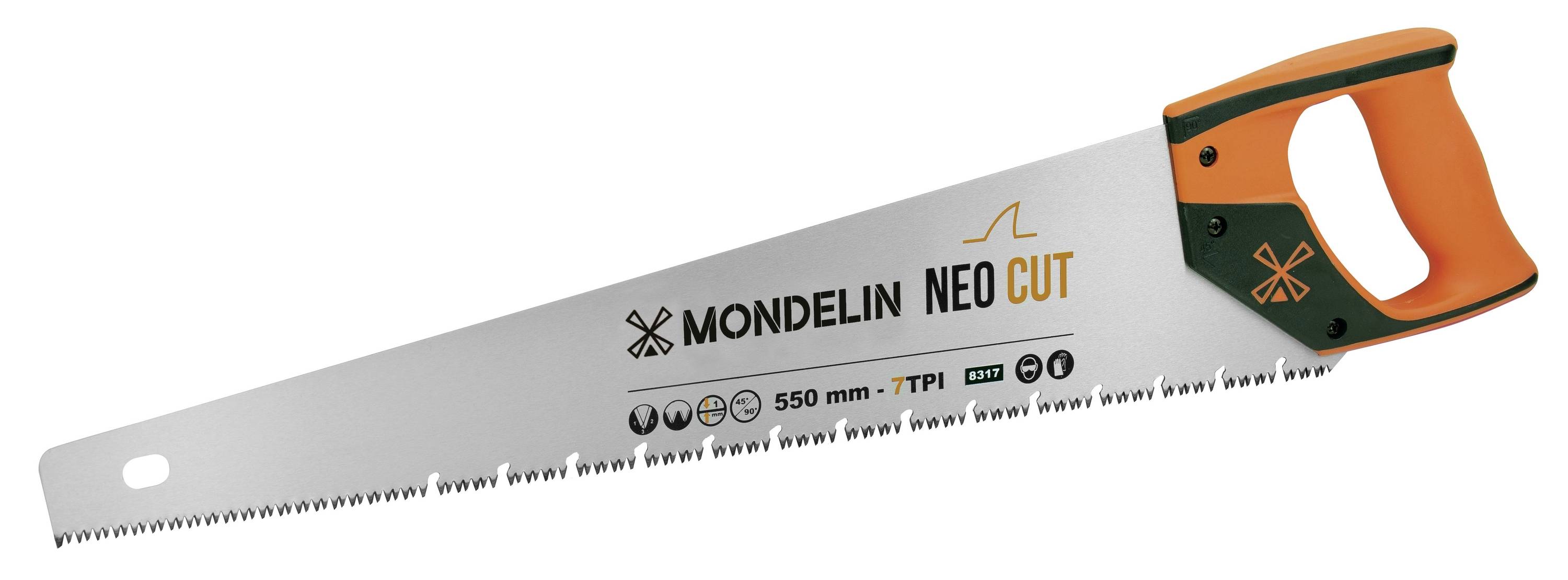 Pílka Mondelein NEO CUT s oranžovou rukoväťou a čepelou dlhou 550 mm, zobrazená na bielom pozadí.