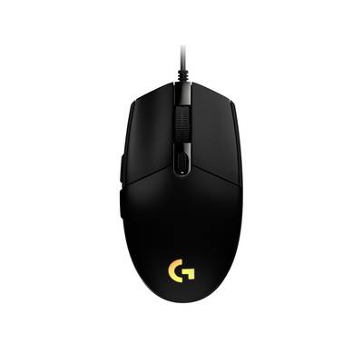 Čierna drôtená herná myš s podsvietleným logom Logitech G, zobrazená zhora na bielom pozadí.
