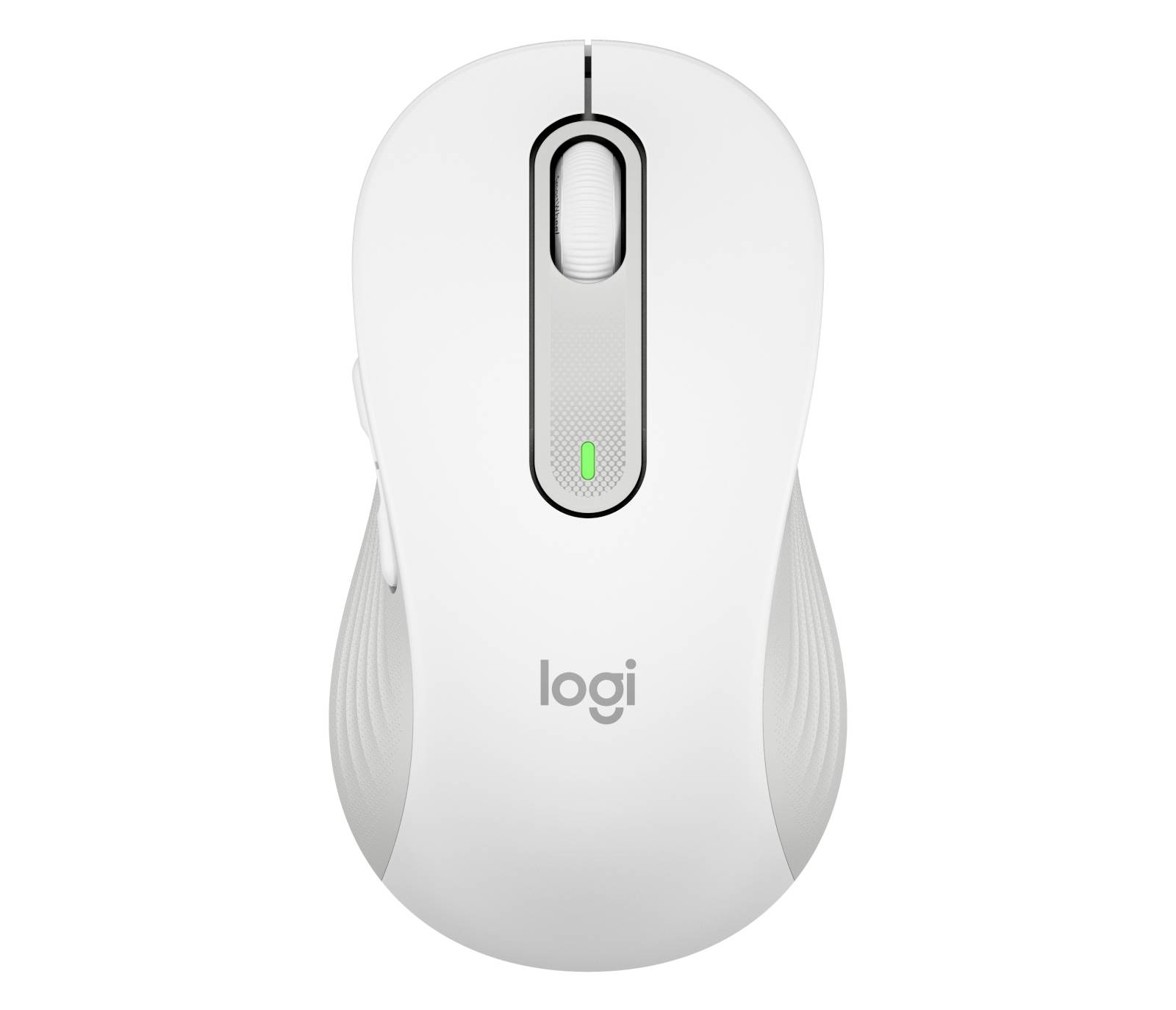 Biela bezdrôtová myš od spoločnosti Logitech zobrazená zhora s kolieskom na posúvanie a zeleným indikátorom stavu batérie.