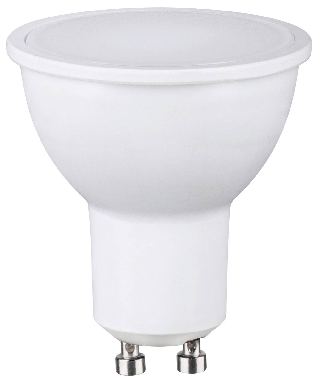 Biela LED žiarovka so širokým vrchom a dvoma kovovými zápchovými konektormi na jednoduchom pozadí.