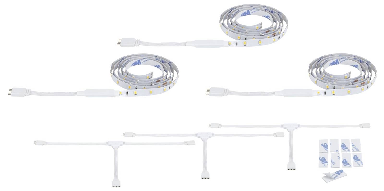 Sada bielych LED páskových svetiel s USB zástrčkou, navíjacie pásky, T-tvarované konektory a lepiacie montážne sponky zobrazené v niekoľkých dĺžkach a pohľadoch