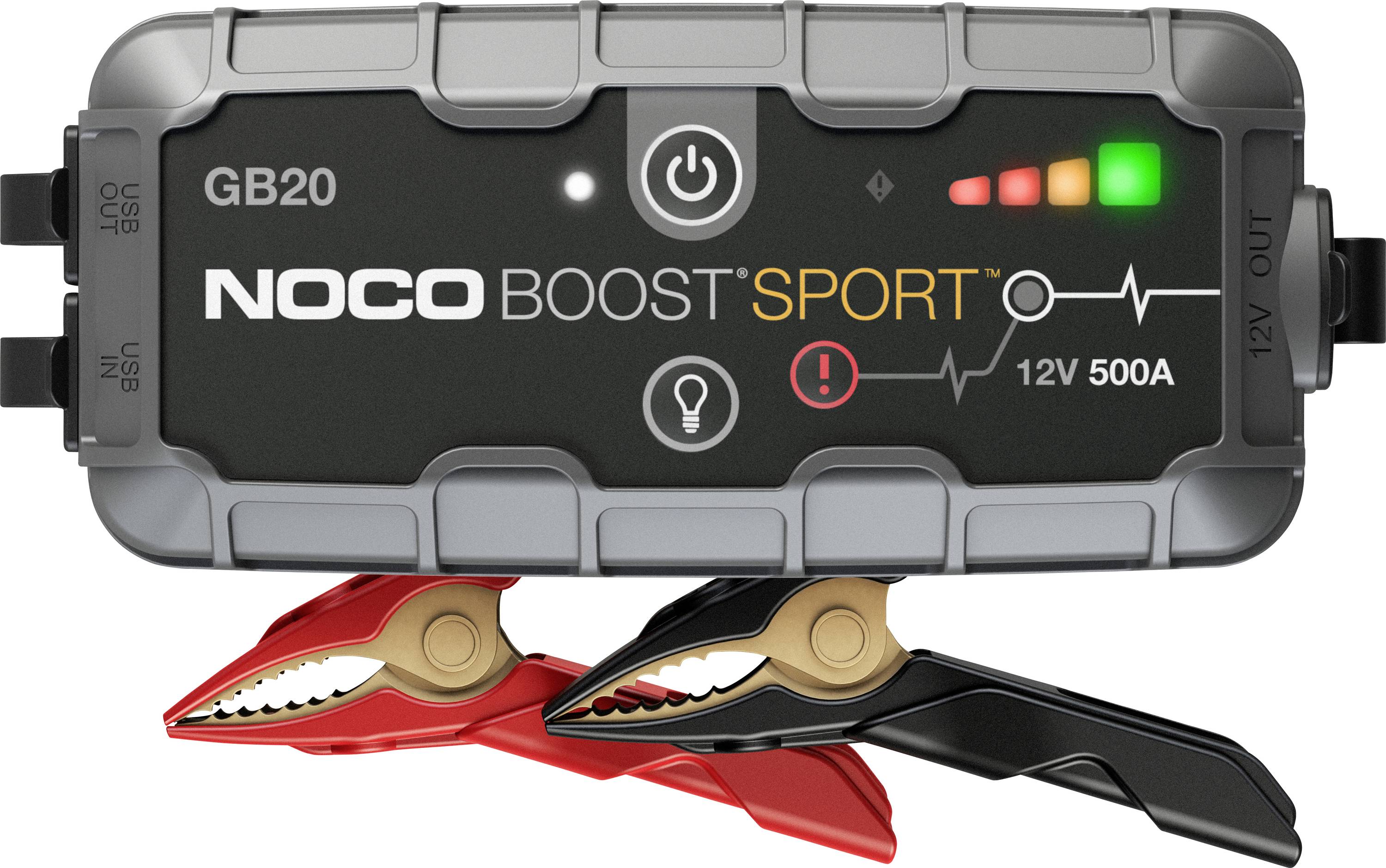 NOCO Boost Sport GB20 štartovací balíček s dvoma svorkami, červenou a čiernou, označený 12V 500A.