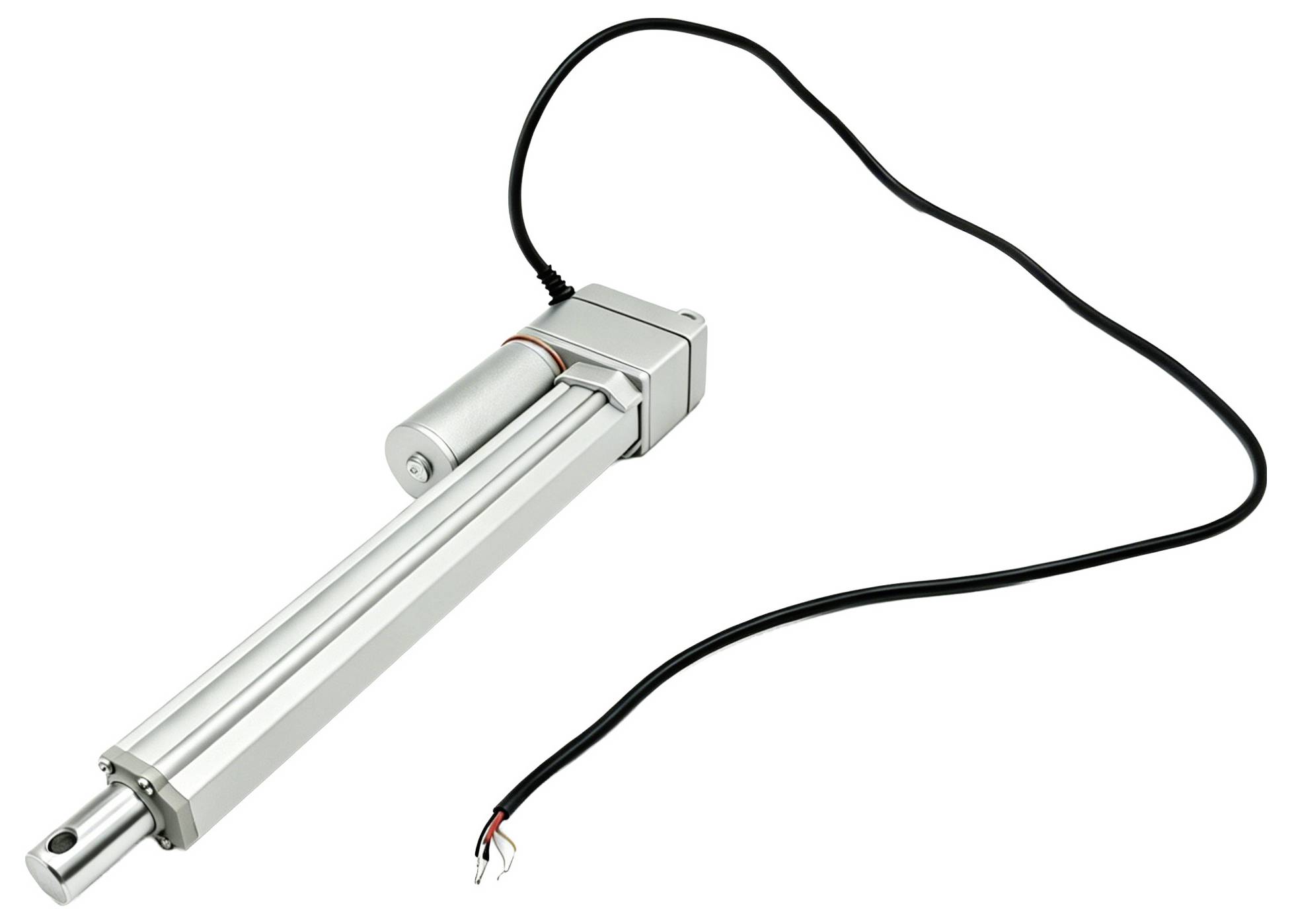 Elektrický lineárny pohon s kablom a odhaleným koncami drôtu na bielom pozadí.