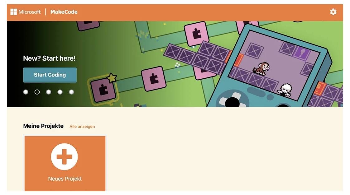 Domovská obrazovka Microsoft MakeCode so zeleným bannerom 'Nový? Začnite tu!' a tlačidlom 'Začať kódovať', plus sekcia 'Moje projekty' zobrazujúca dlaždicu 'Nový projekt'.