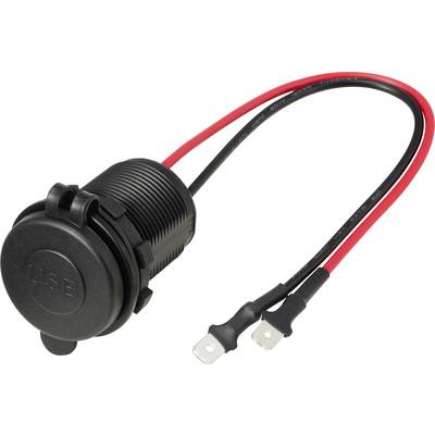 Vodotesný USB zásuvka s červenými a čiernymi napájacími vodičmi a okrúhlymi kolíkmi pre vozidlá alebo morskú inštaláciu.