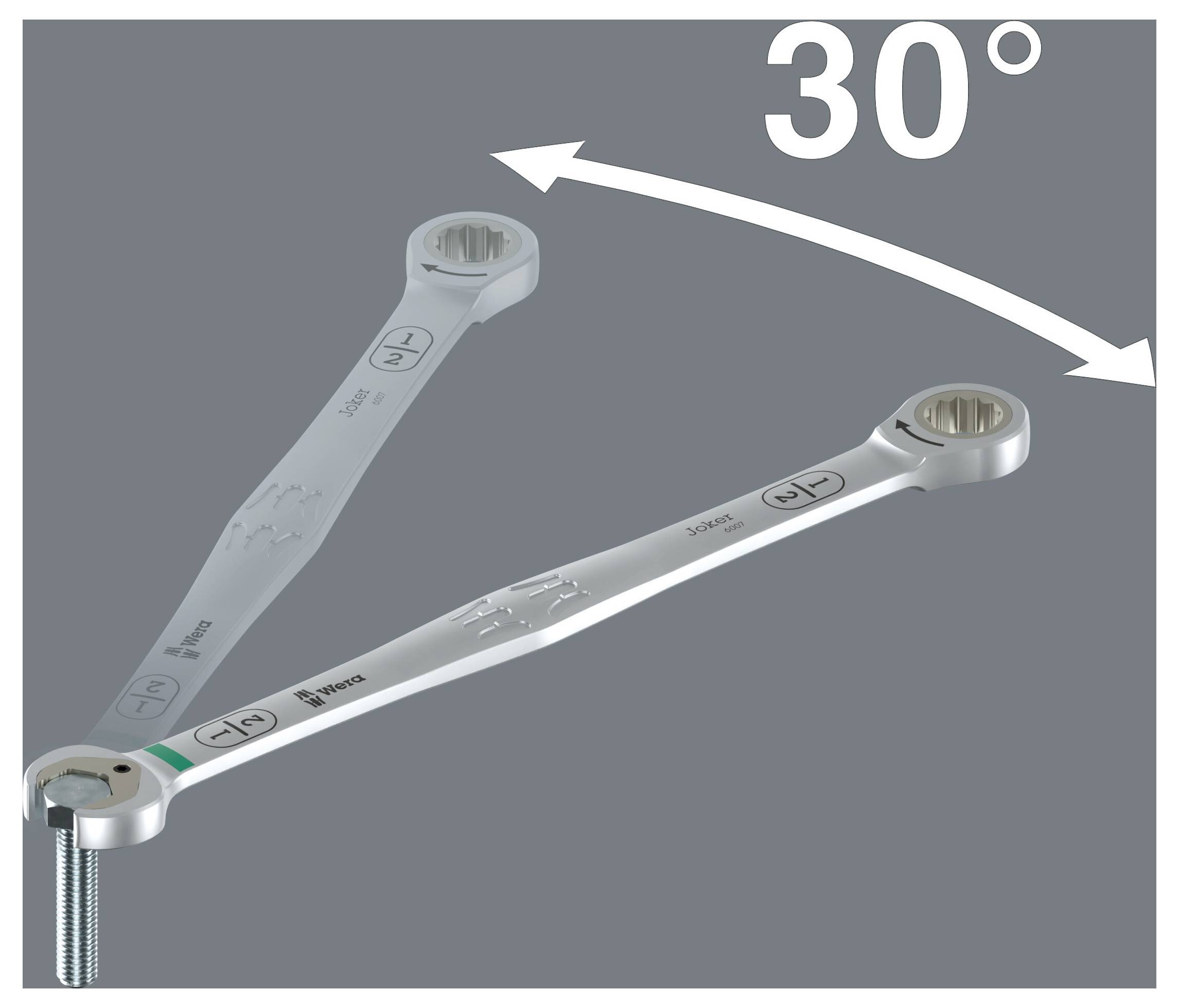 Ilustrácia nastaviteľného kľúča s uhlom otáčania 30°, ktorý ukazuje obmedený priestor na otáčanie okolo skrutky.