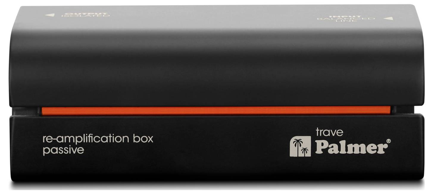 Pasívne audio zariadenie Black Palmer „re-amplification box" s oranžovým akcentným pásom a logom značky na prednom paneli.