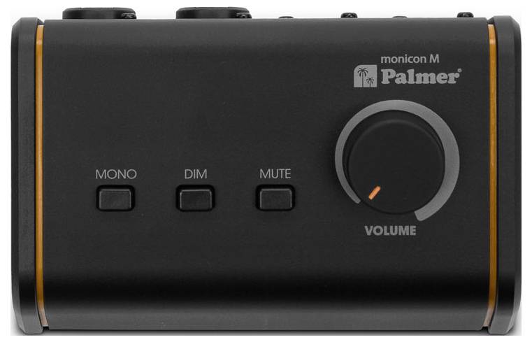 Čierny Palmer Monicon M regulátor hlasitosti audio monitora s tlačidlami mono, stlmenia a vypnutia zvuku a veľkou regulátorom hlasitosti.