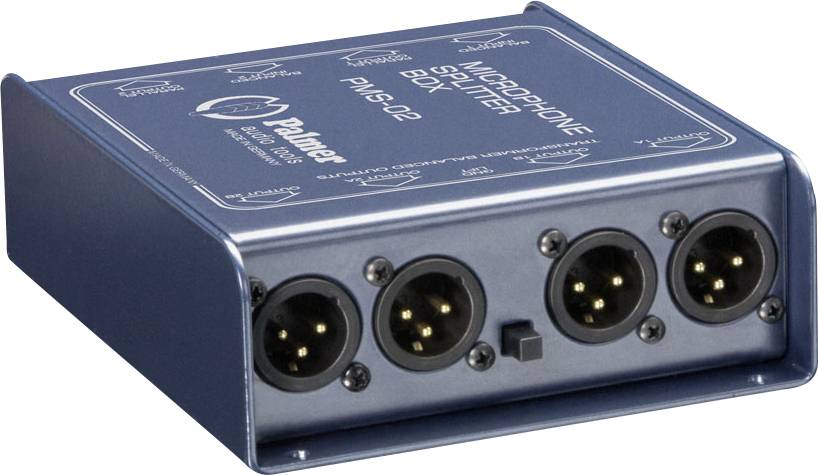 Modrá AudioBox USB mikrofóna jednotka napájacej jednotky so štyrmi kruhovými XLR portami v štýle na prednom paneli.