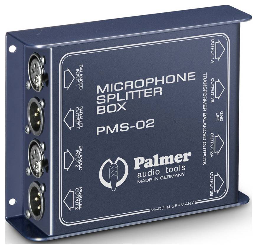 Modrá splitterová krabica mikrofónu Palmer PMS-02 so štyrmi XLR vstupmi vľavo a štyrmi označenými vyváženými výstupmi vpravo