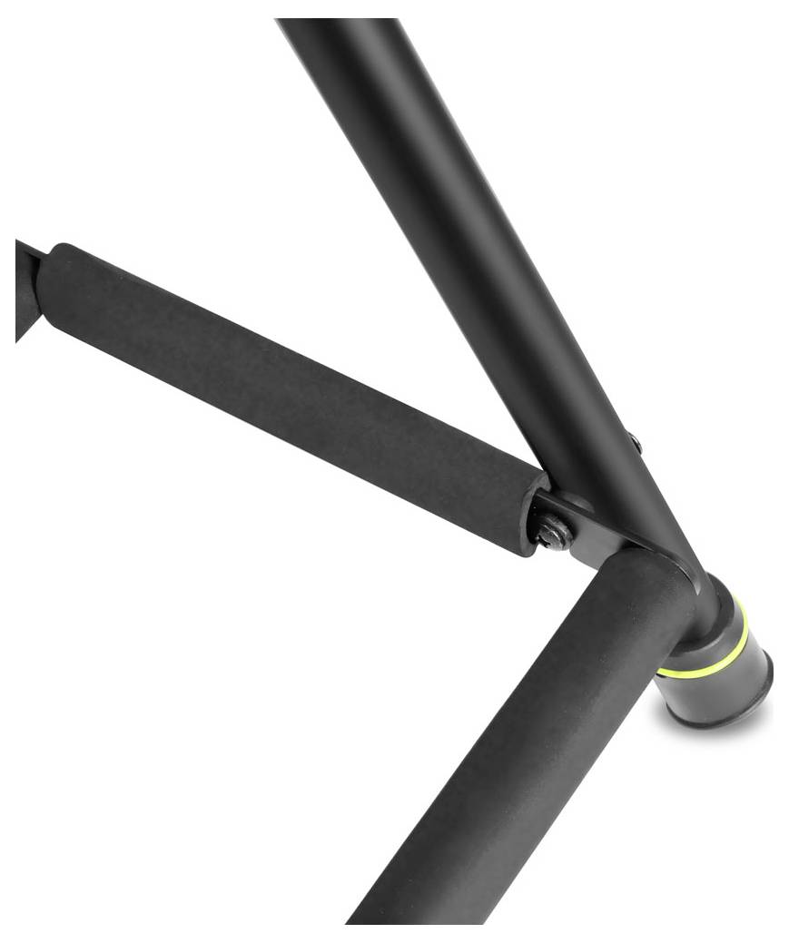 Zblízka zobrazená čierna tripod alebo stojná spojka nôh s tromi trubicovými podporami stretávajúcimi sa v záves­nom spojovači, zobrazená na bielom pozadí.