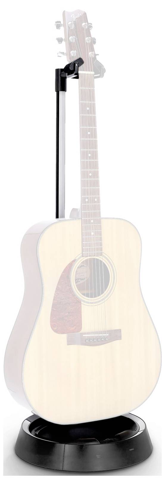 Akustická gitara na rotujúcom výstavnom stojane, zobrazená v čelnom pohľade so slabou bočnou siluetou v pozadí.