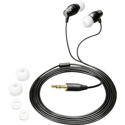 Čierne drôtené slúchadlá do uší so skrúteným káblom a zlatou audiojackom, znázornené so štyrmi ďalšími bielymi špecifikami do uší.