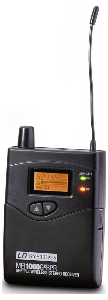 Prenosný bezdrôtový stereo prijímač s anténou, LCD displejom a svetlami napájania/stavu; označený LD Systems MEI 1000 G2 BPR.