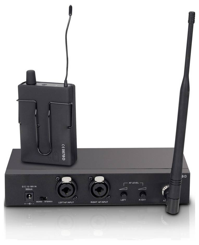 Bezdrôtový set prijímača/vysielača zvuku s dvoma anténami a audio vstupnými jackami na prednom paneli na čiernej základnej jednotke.