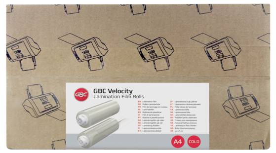 Krabica GBC Velocity laminovacích filmových roliek s nálepkou produktu zobrazujúcou A4 a chladnú laminaciu, vytlačená na hnedej krabici s čiarovými ikonami tlačiarne.