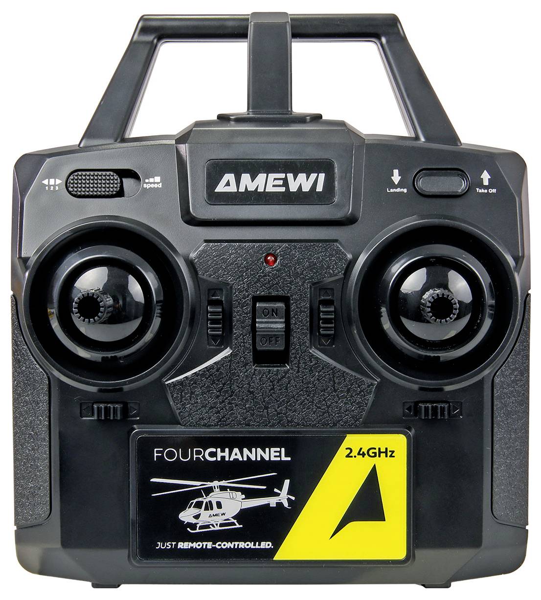 Čierny diaľkový ovládač AMEWI s štyrmi kanálmi a frekvenciou 2,4 GHz s dvoma joystickmi, prepínačom zapnutia/vypnutia a tlačidlami na pristátie/vzlet pre vrtuľník alebo dron.