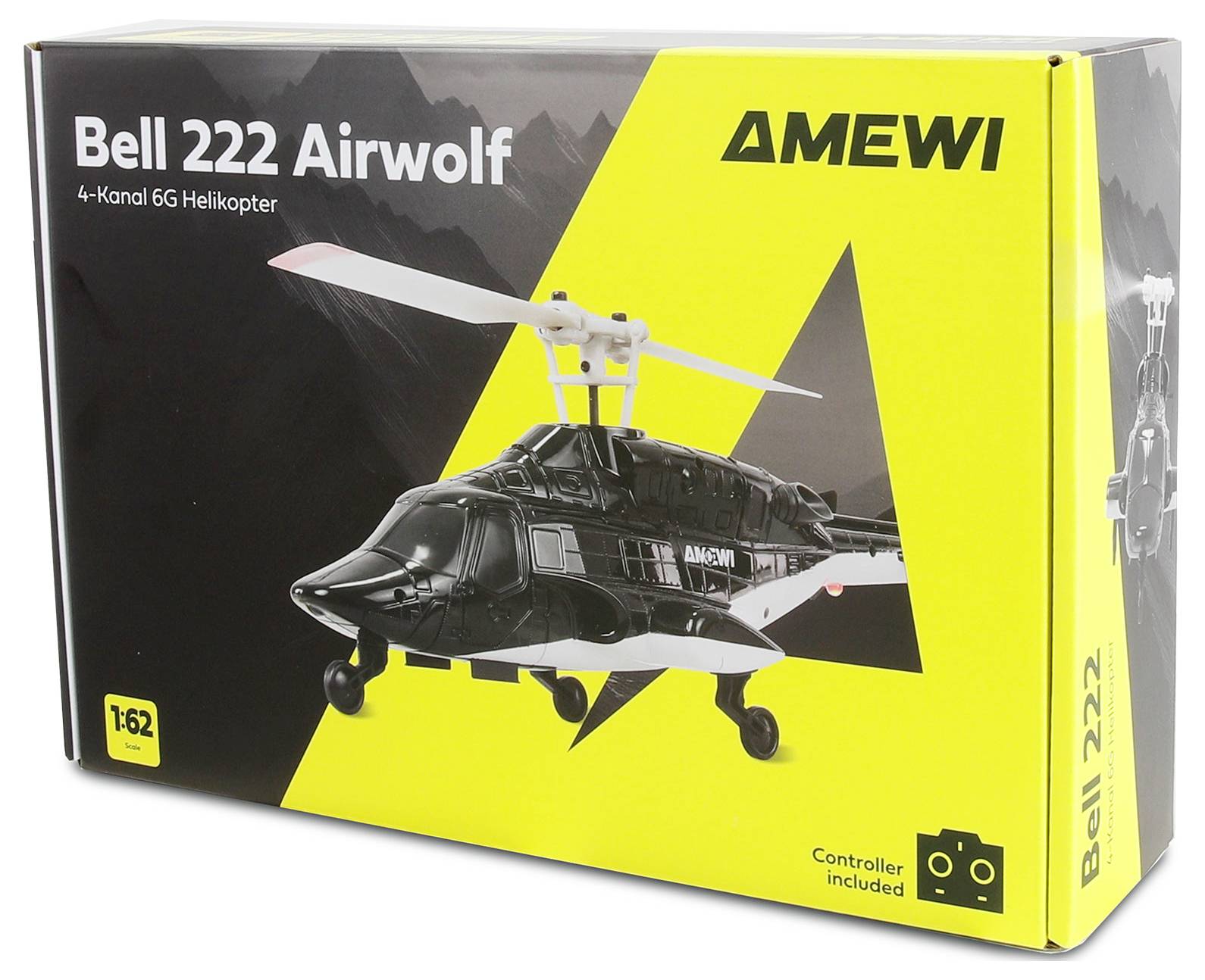 Boxovaný AMEWI Bell 222 Airwolf 4-kanálový vrtuľník s technológiou 6G, zobrazený s čiernym vrtuľníkom a zahrnutým diaľkovým ovládačom.