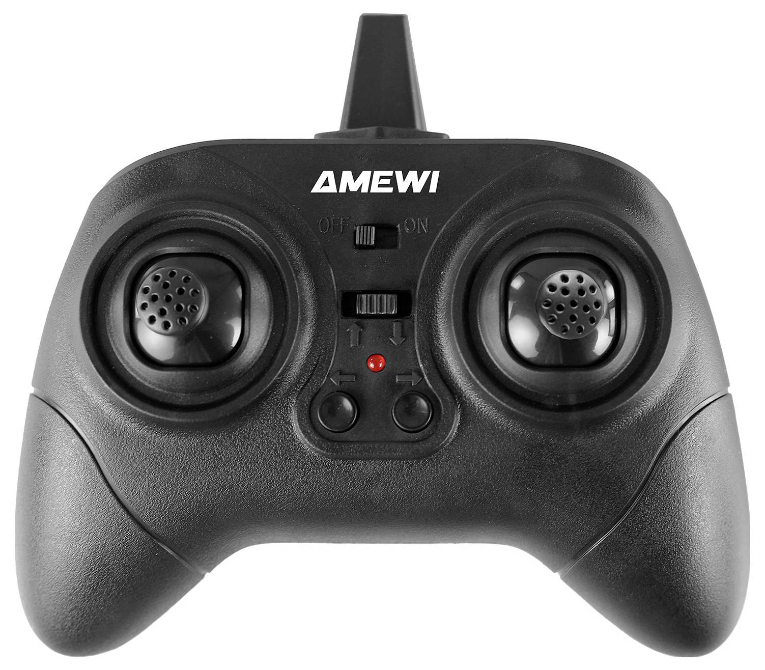 Čierny diaľkový ovládač AMEWI s dvoma joystickmi, strednými prepínačmi a červenou indikačnou lampičkou na bielom pozadí.