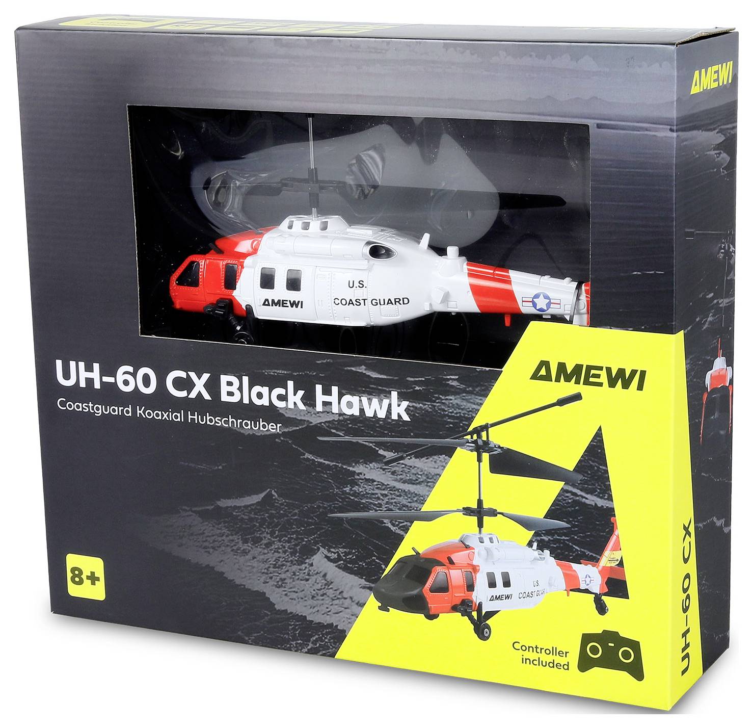 AMEWI UH-60 CX Black Hawk záchranná helikoptéra Pobrežnej stráže RC hračka v balení, s priloženým ovládačom a označením veku 8+.