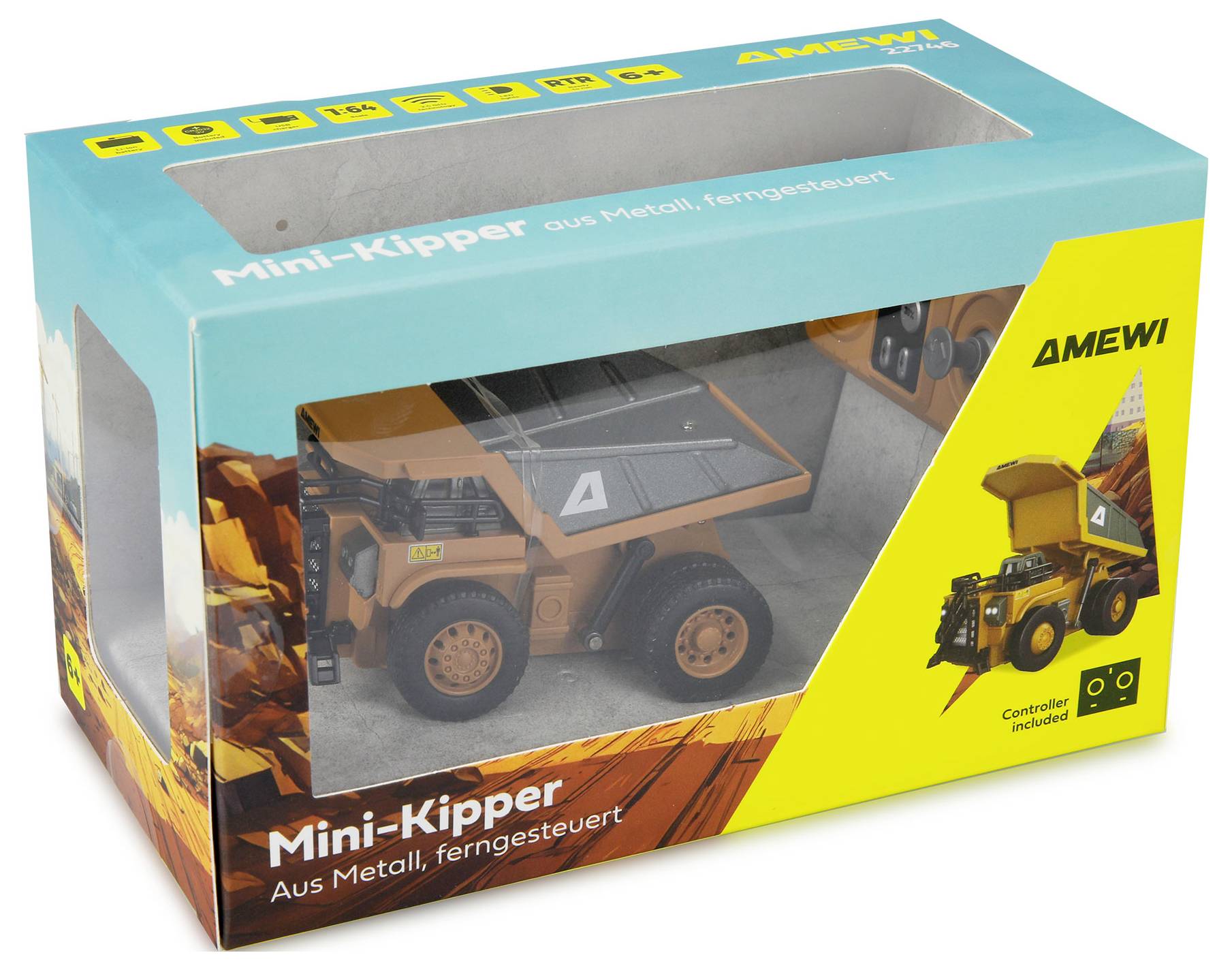 Detské nákladné auto v tyrkysovozelenom a žltom balení AMEWI, označené ako „Mini-Kipper" a „Fernsteuerung", vrátane ovládača.
