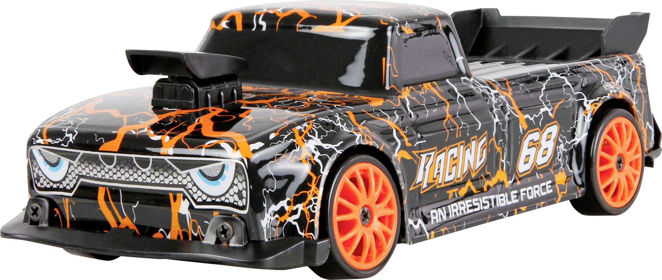 Čierno-oranžový hračkársky pretekársky pickupový náklaďák s číslom 68 a grafickými prvkami "RACING" na bielom pozadí.