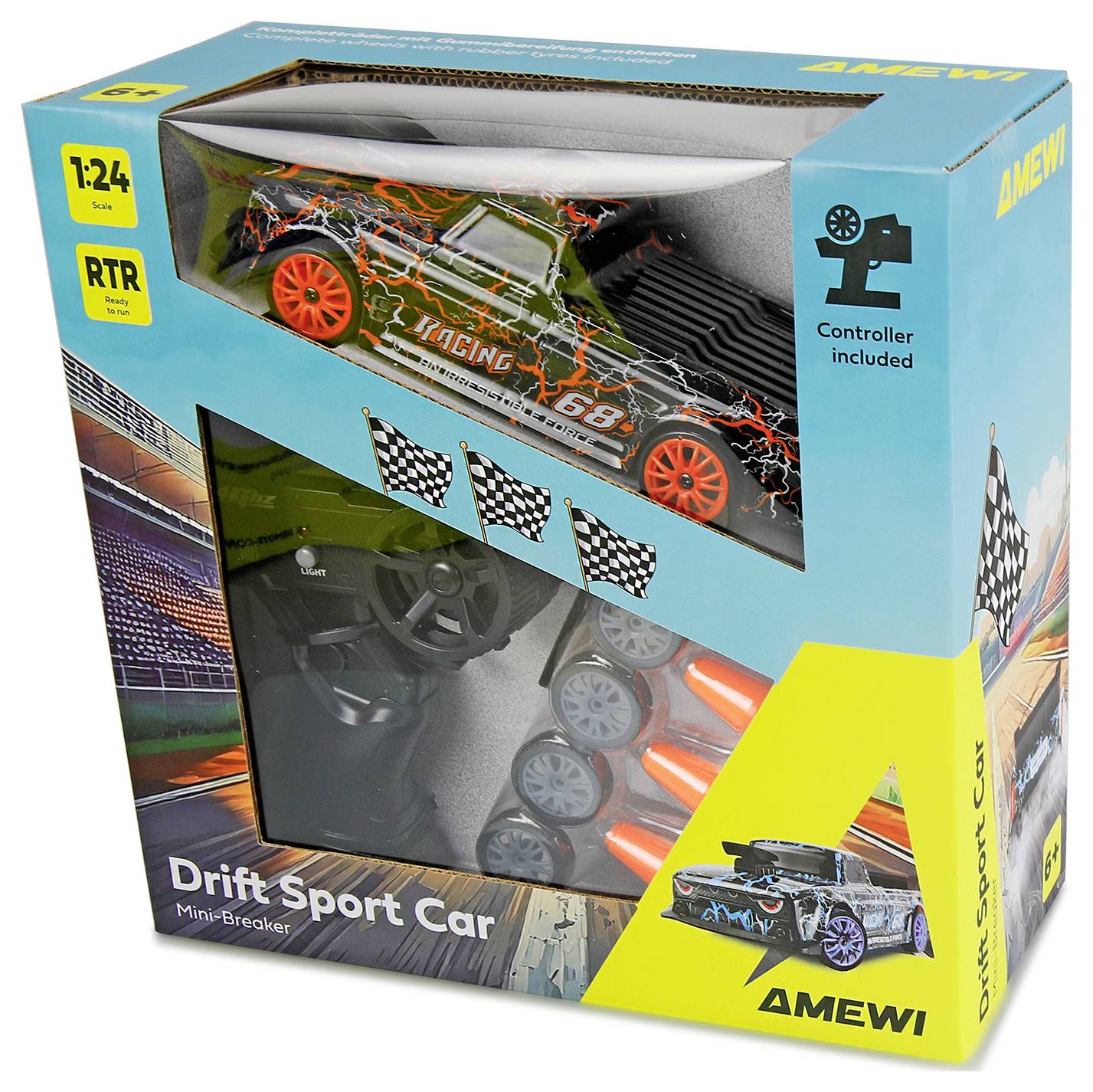 Balený RC model AMEWI Drift Sport Car s diaľkovým ovládačom, viditeľný cez priehľadné okno balenia a označený ako RTR, v mierke 1:24.