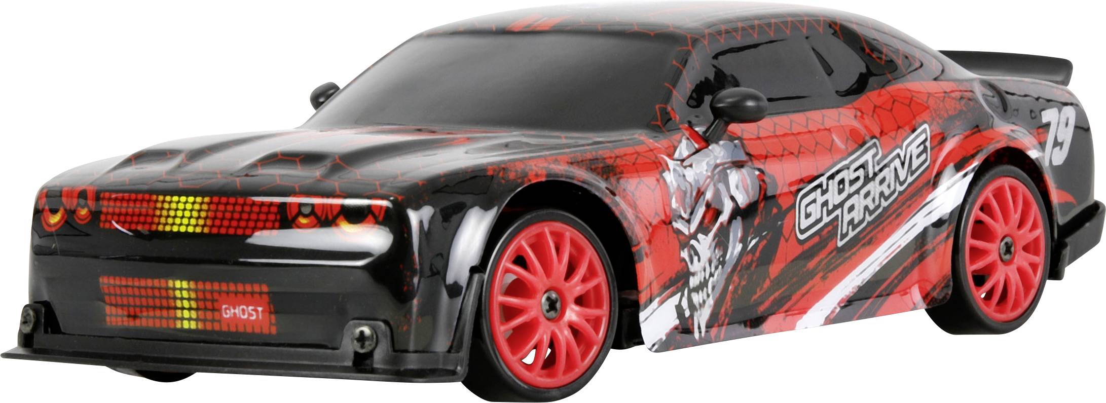 Červený a čierny hračkársky závodný automobil "Ghost Racing" s červenými kolesami, zobrazený v bočnom pohľade na bielom pozadí.