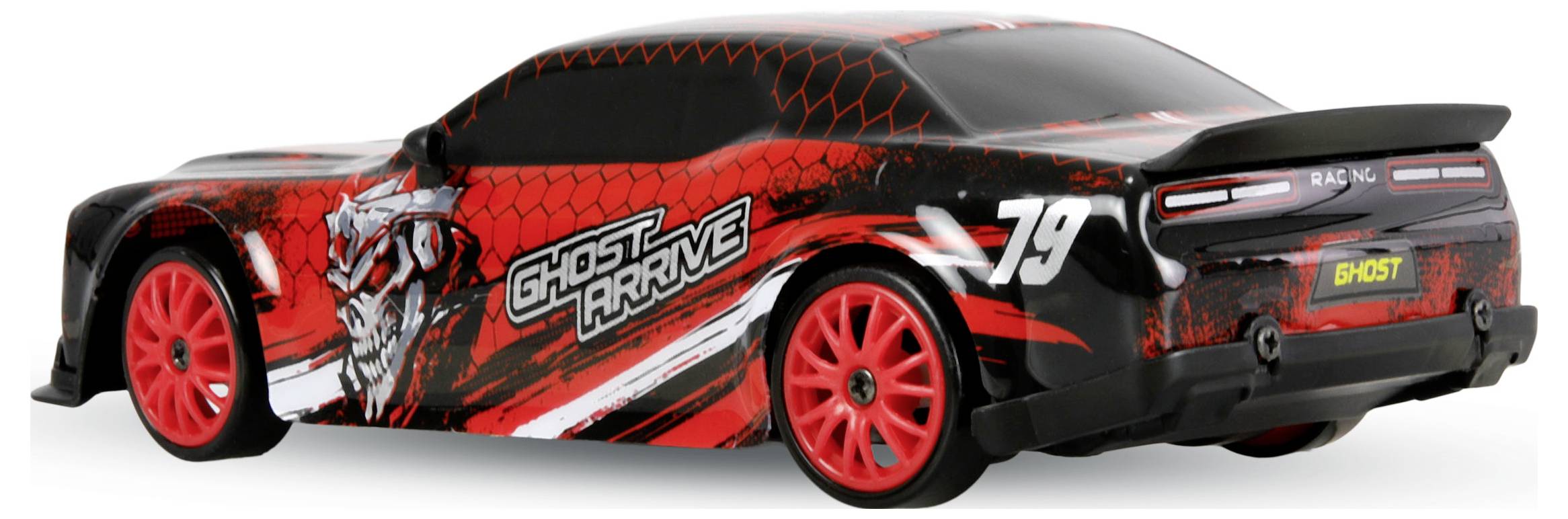 Čierny športový vôz s červenými kolami a grafikou „GHOST DRIVE", zobrazený v bočnom pohľade na bielom pozadí.