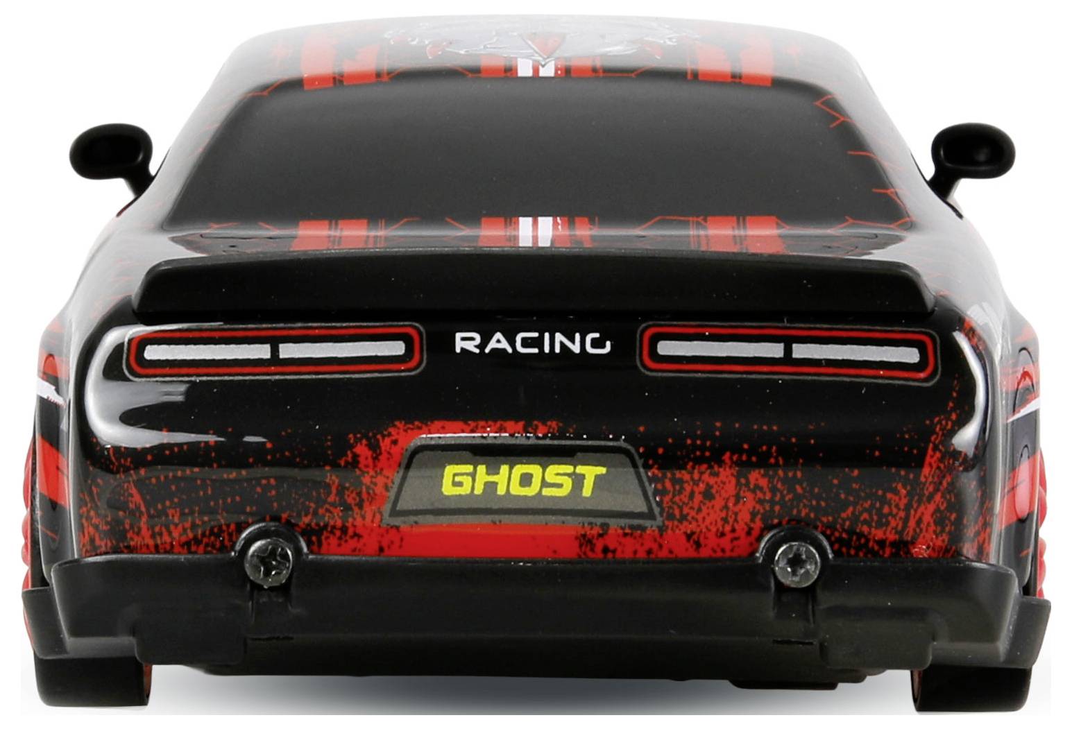 Zadný pohľad čierneho a červeného detského závodného autíčka s textom "RACING" a "GHOST" na zadnej strane.