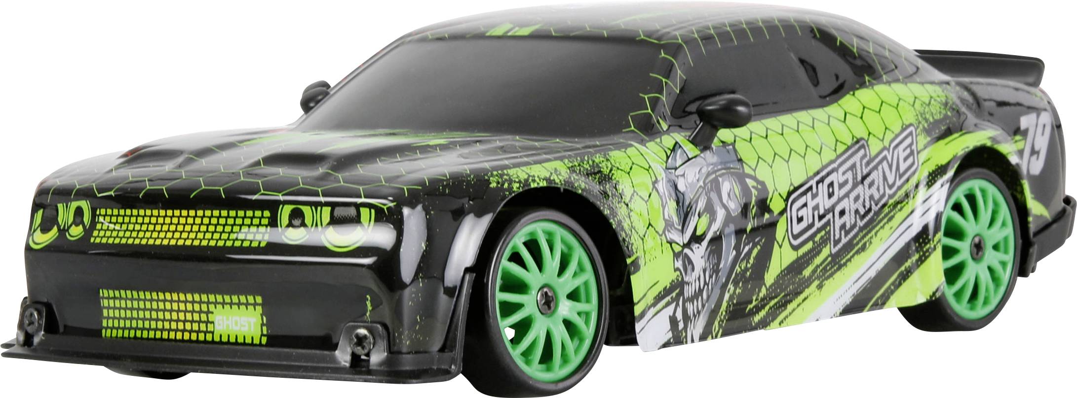 Čierny a neónovo zelený detský model športového auta s grafikou závodného "Ghost Machine" a jasne zelenými kolesami, zobrazené na bielom pozadí.