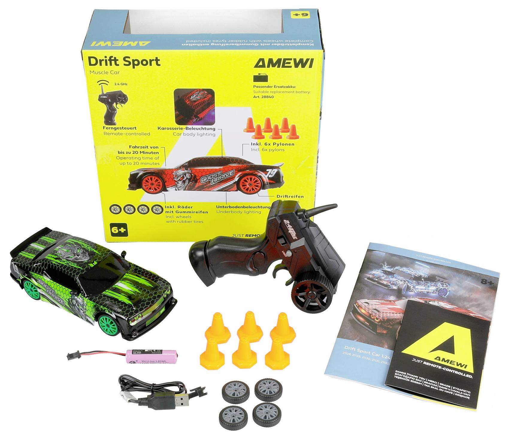 AMEWI Drift Sport sada diaľkovo ovládaného automobilu s ovládačom, batériou, nabíjačkou, kužeľmi, náhradnými kolesami a návodmi na použitie