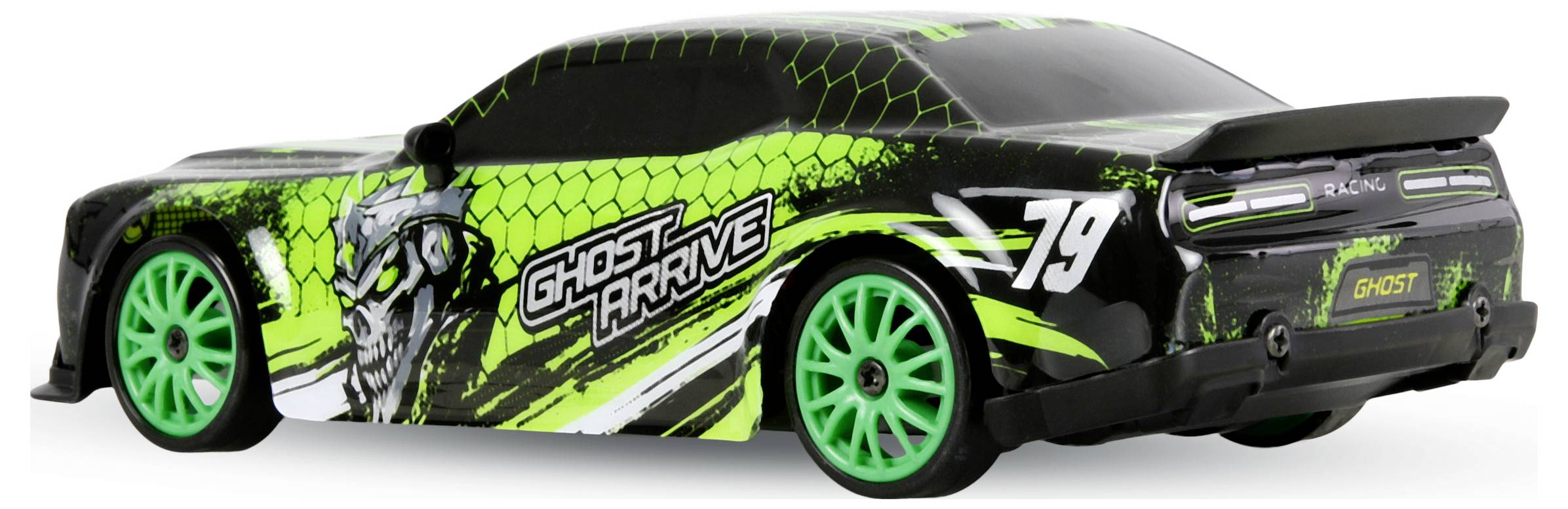 Čierno-zelené pretekárske auto s neónovo zelenými kolesami, grafikou "Ghost Harvve" a číslom 79 na boku a na zadnej časti.