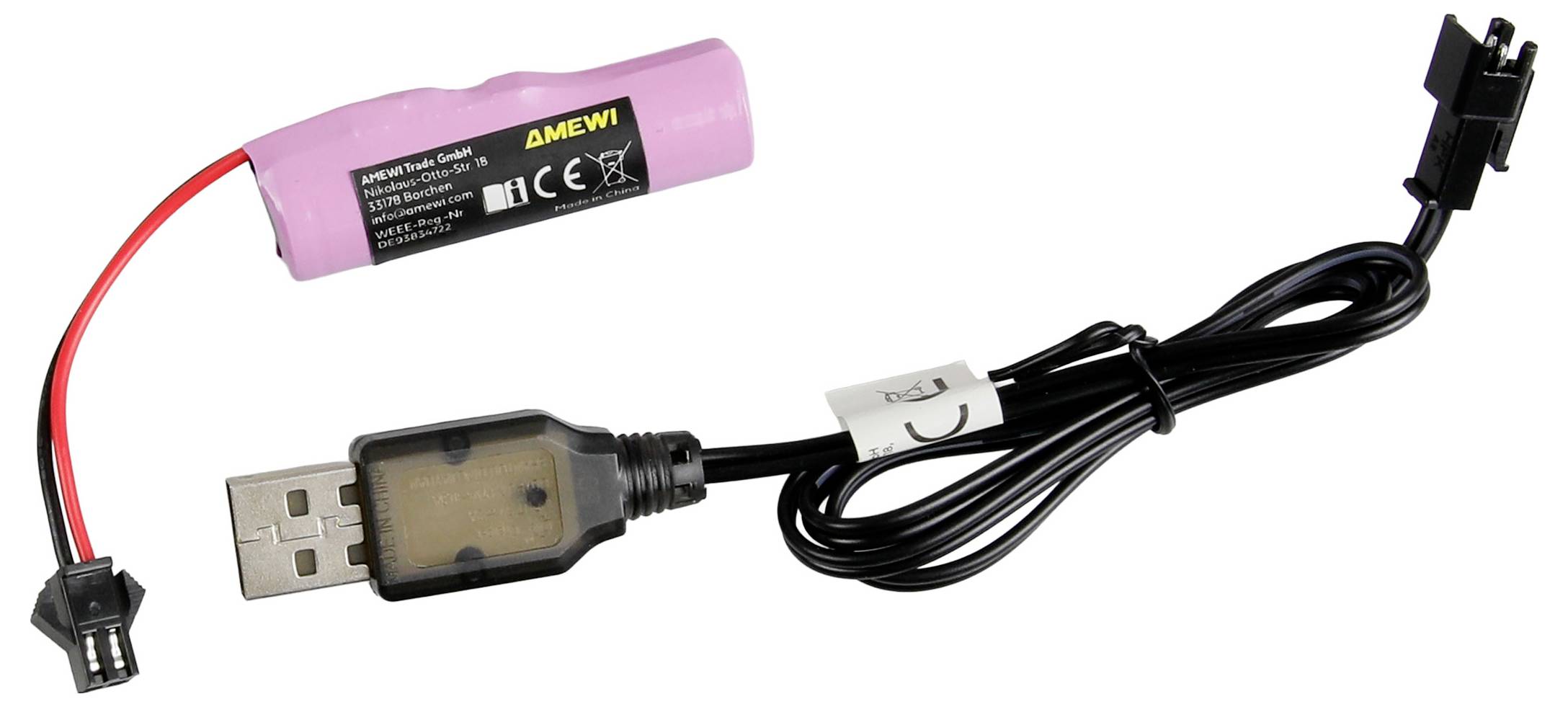 Ružová nabíjateľná batéria AMEWI s pripojeným USB nabíjacím kábalom a konektorovým zásuvkou na bielom pozadí.