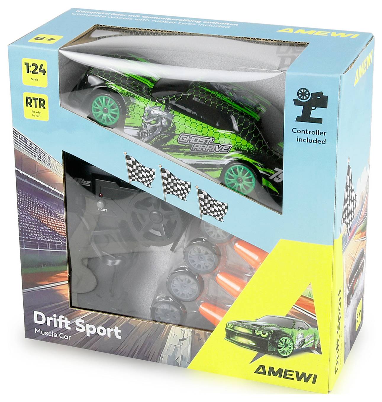 Balený AMEWI 1:24 RTR Drift Sport svalnatý autíčko so zeleným/čiernym autom viditeľným v balení, ovládač je súčasťou balenia.