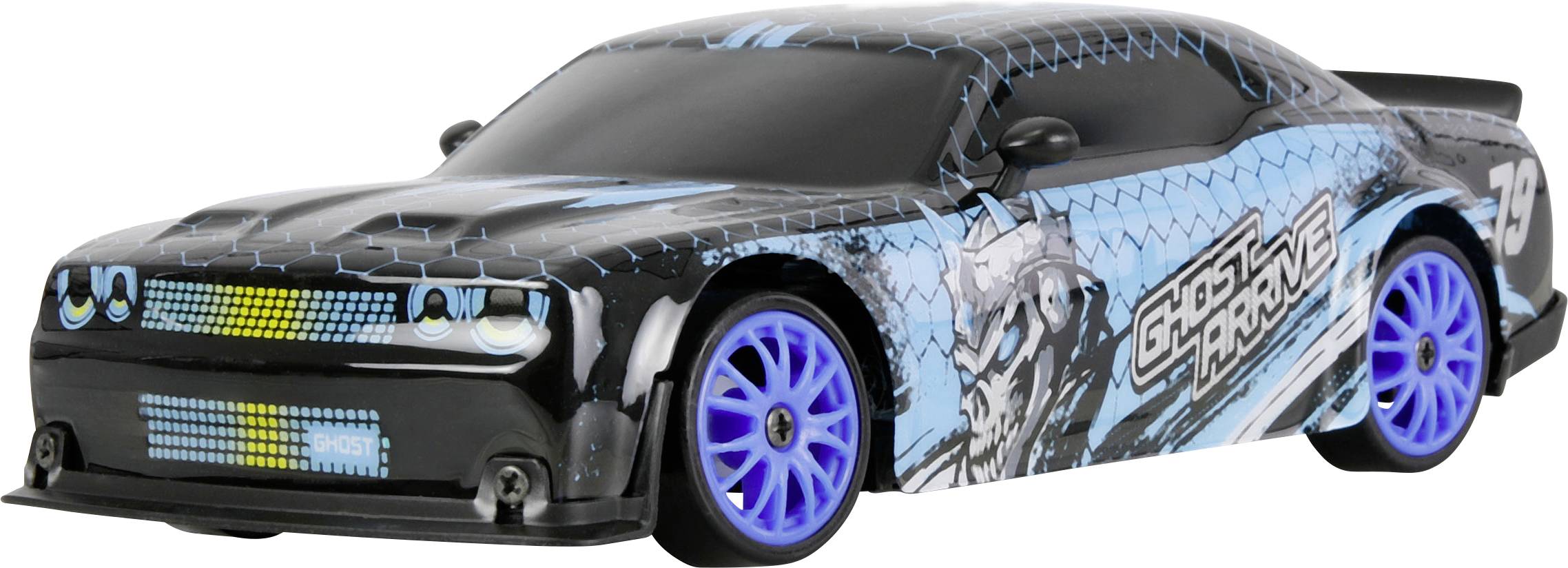 Čierno-modrý závodný automobil s grafikou „GHOST GRAVE", modrými kolieskami a číslom 78 na zadnej časti, zobrazený na bielom pozadí.