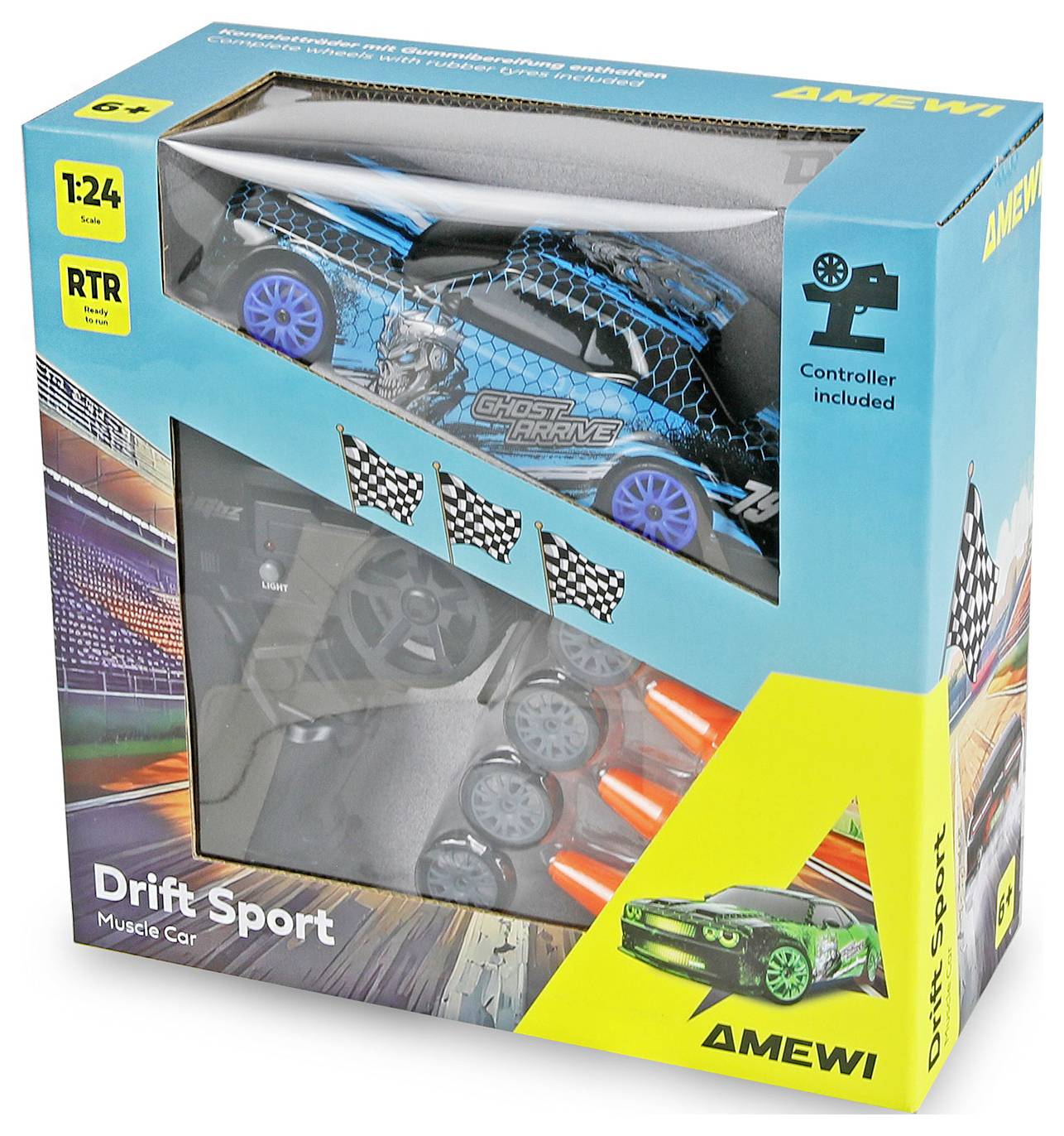 AMWI Drift Sport diaľkovo ovládané auto na hranie s výkonom svalnatého auta v krabici, s autom, zahrnutým ovládačom a dodatočnými kolesami/príslušenstvom viditeľnými cez okno.