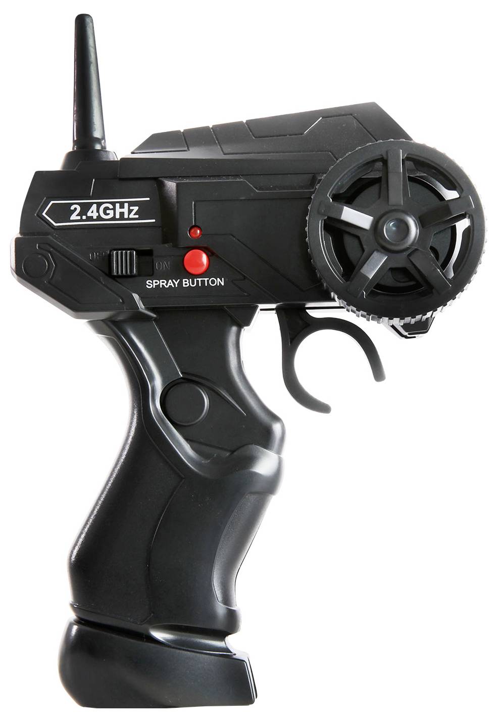 Čierny diaľkový ovládač detskej hračky na frekvenciu 2,4 GHz s anténou, spúšťou a tlačidlom označeným "SPRAY BUTTON" na bielom pozadí.