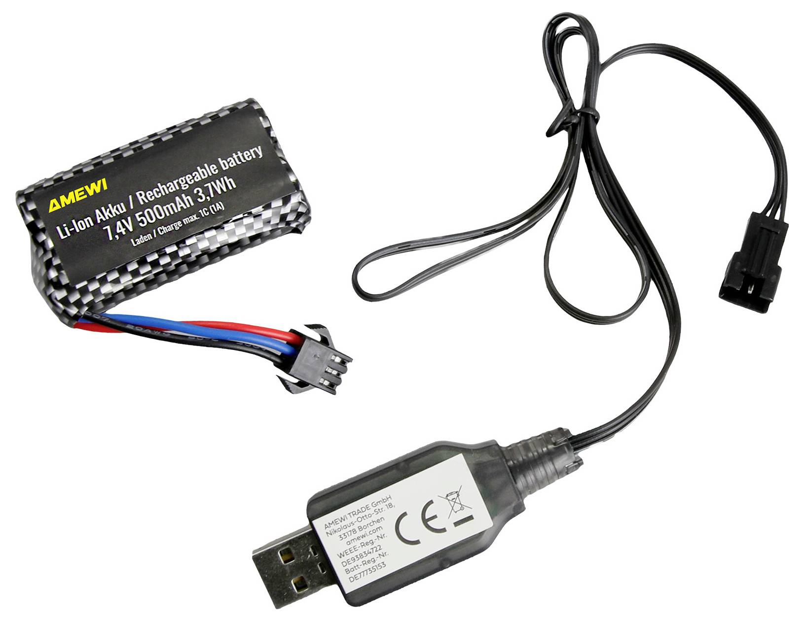 Nabíjateľný Li-ion akumulátorový článok s konektorom a USB nabíjacím kablom na bielom pozadí.