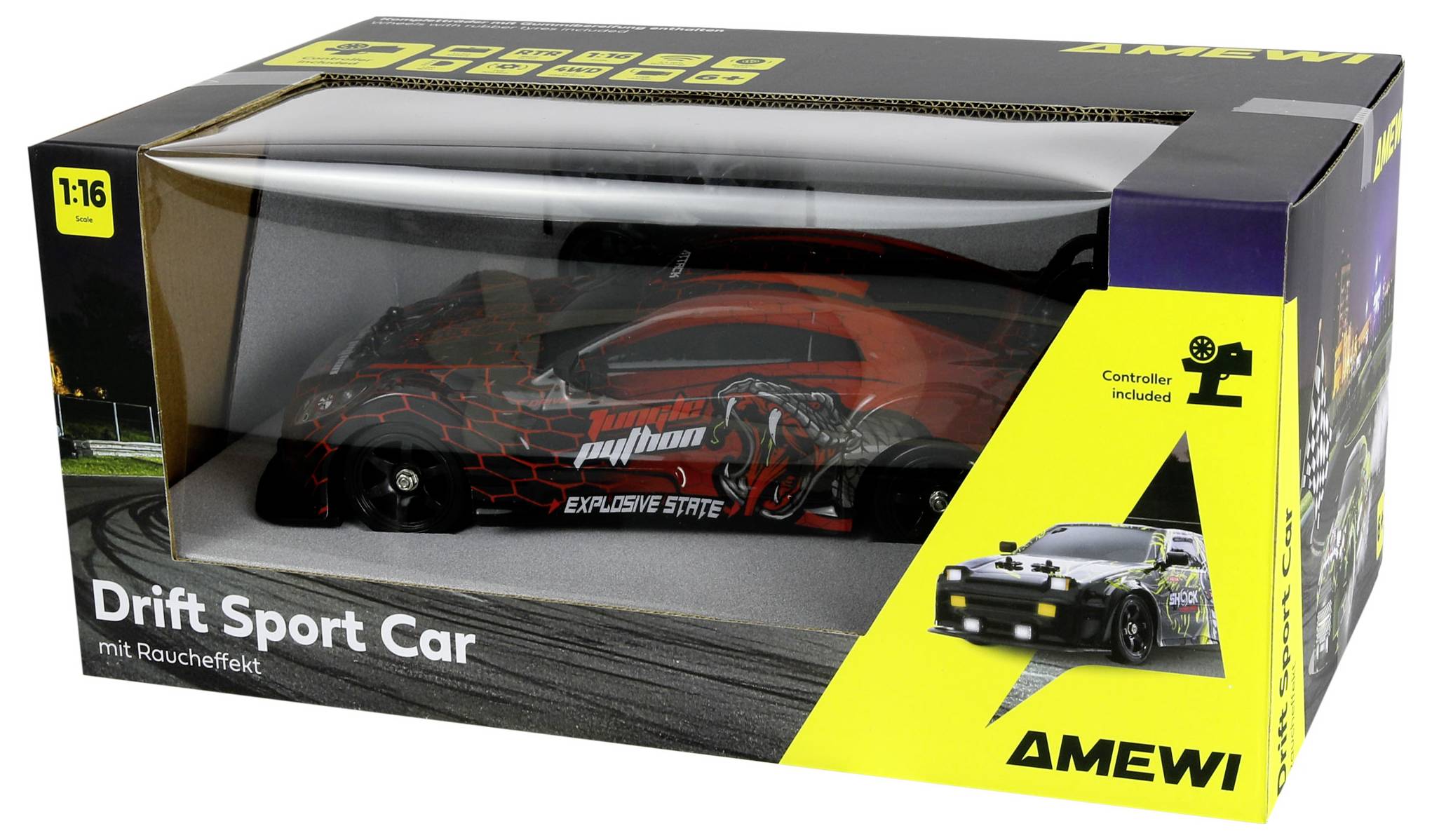 Boxovaný RC model auta v mierke 1:16 značky AMEWI Drift Sport Car s priloženým ovládačom, zobrazený ako červeno-čierny RC športový voz v balení.