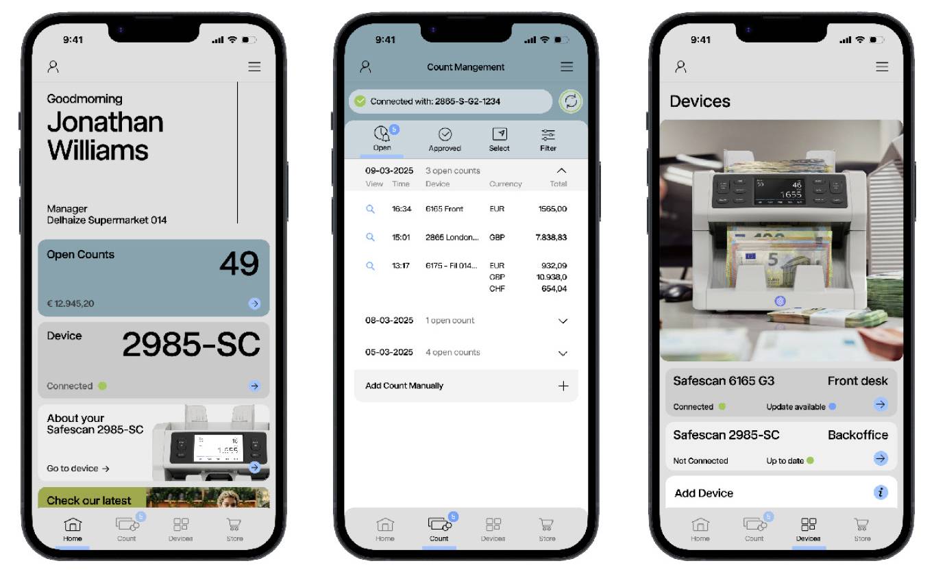 Tri obrazovky mobilnej aplikácie na správu súdu: domovský dashboard pre Jonathana Williamsa s otvorenými počítadlami, zoznam počítadiel a stránka zariadení zobrazujúca bezpečné skeny a stav pripojenia.