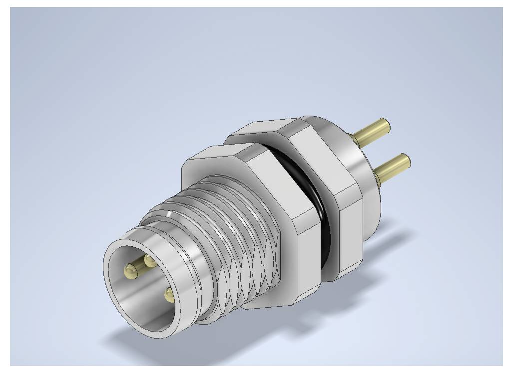 Ilustrácia závitového kovového elektrického konektora s dvoma zlatými kontaktmi, znázornená v 3D na svetlomodrom pozadí.