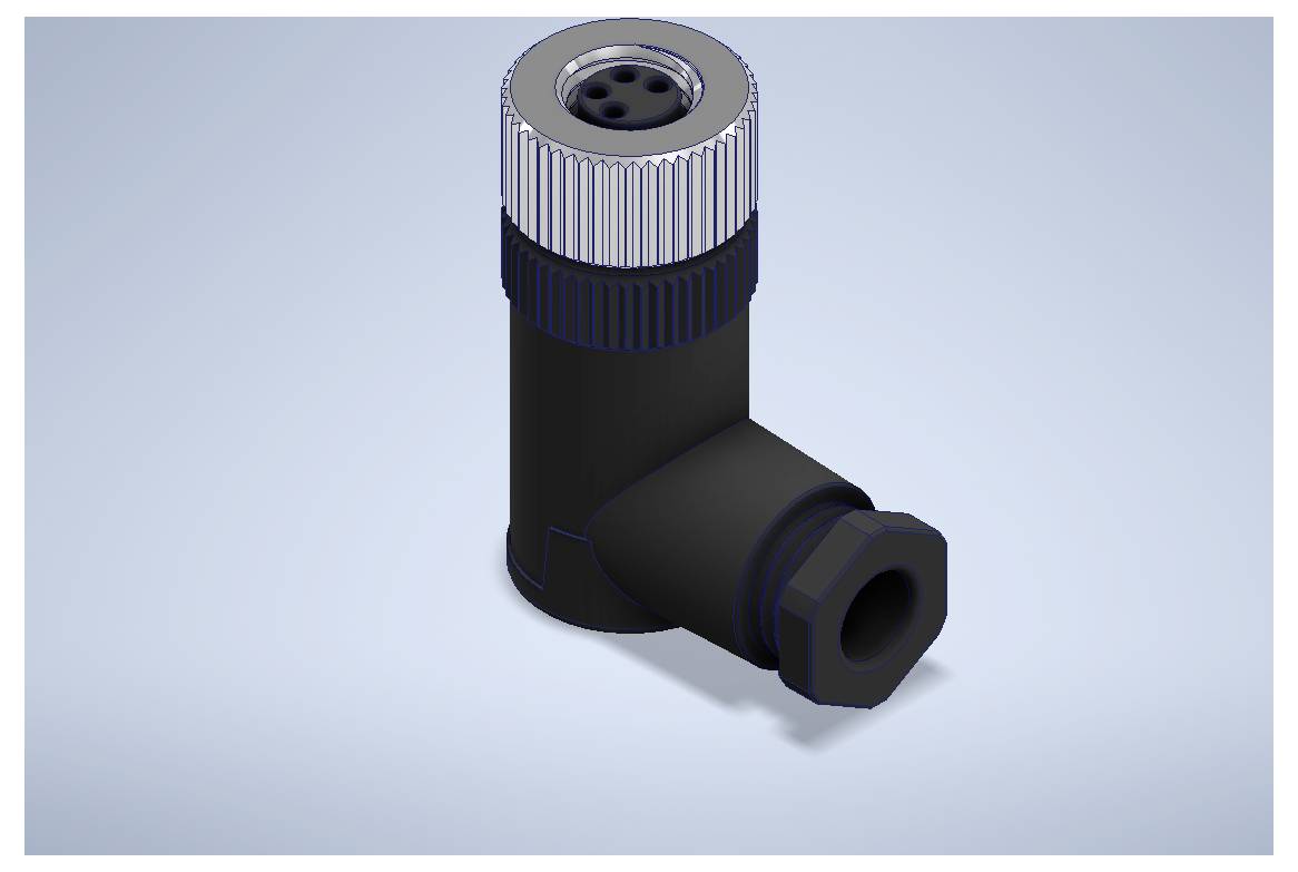 3D render čierneho elektrickej konektora v pravom uhle s vrúbkovanou striebornou čiapkou a závitovým bočným portom na svetlomodrú pozadím.