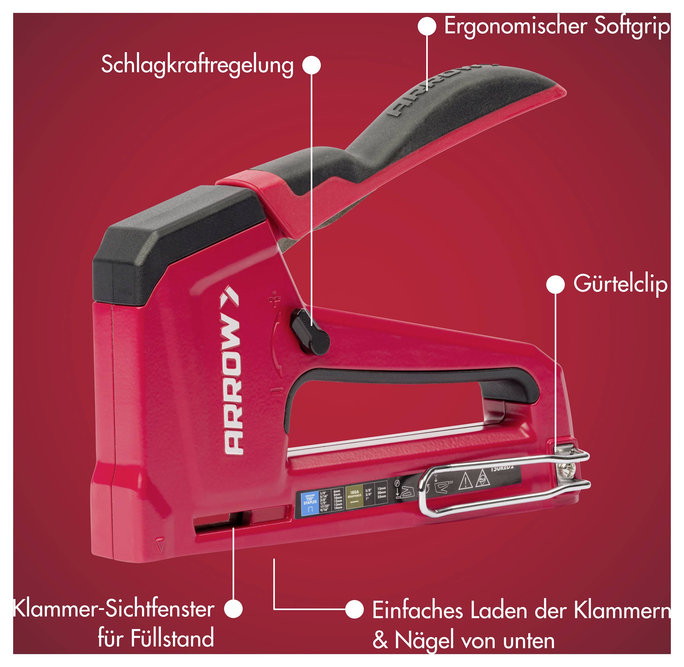 Anotovaná červená sponkovačka Arrow so znázornením nastavenia nárazu, ergonomickej mäkkej rukoväti, klipu na opasok, okienka úrovne náplne a spodného zakladania pre sponky a klince.