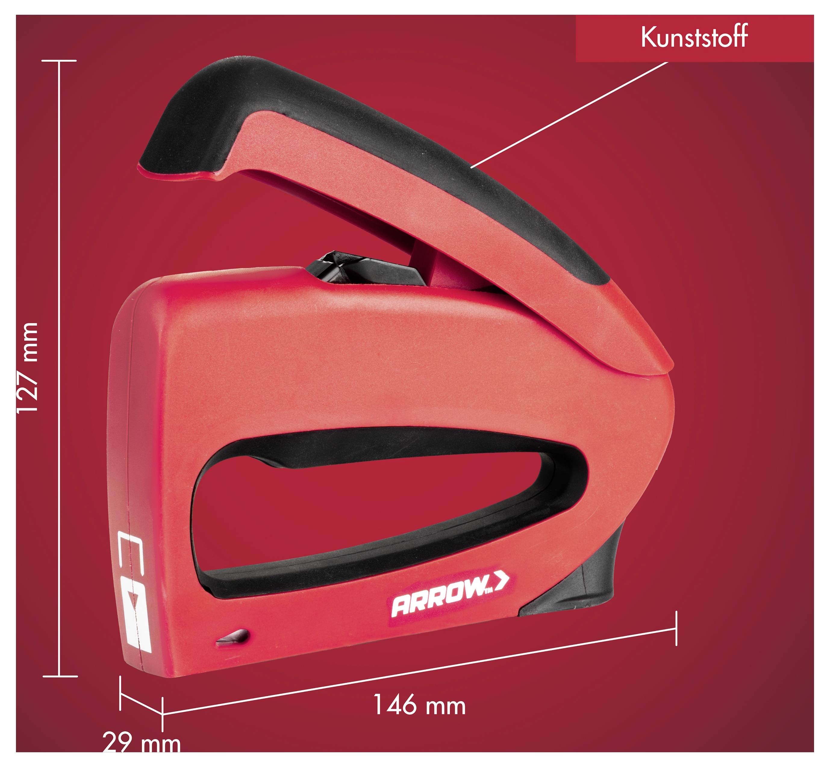 Červená a čierna ARROW zošívačka zobrazená v profile s označenými rozmermi 127 mm na výšku, 146 mm na dĺžku a 29 mm na šírku; „Kunststoff" ukazuje na plastovú rukoväť.