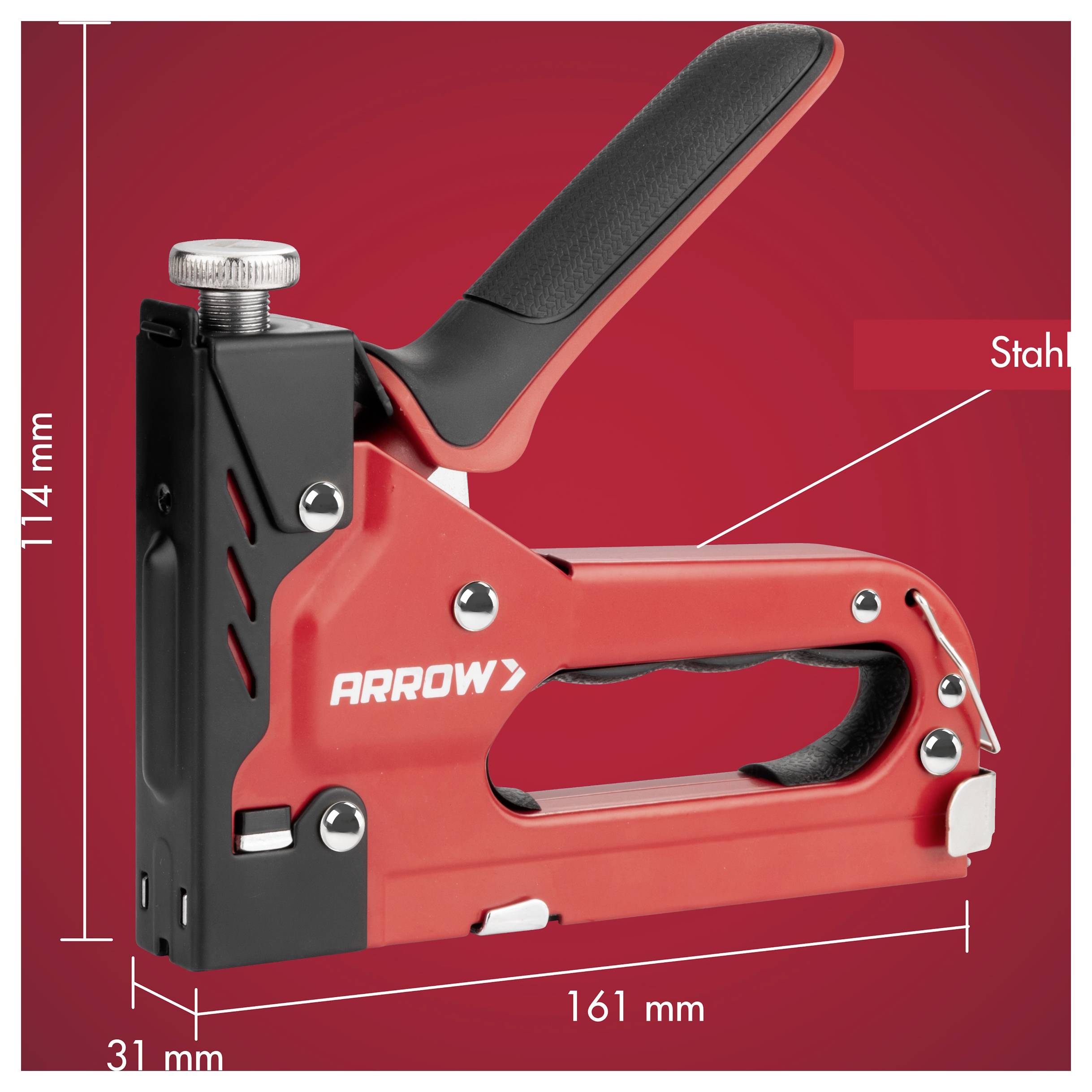 Zošívač Red Arrow zobrazený v profile na červenom pozadí, s rozmermi 161 mm dlhý, 114 mm vysoký a 31 mm široký.